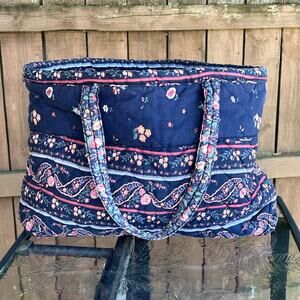 Vintage Navy Boho Floral Quilted Tote Bag Cottagecore Oversized
